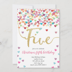 Girl 5th Birthday Hearts Confetti Rainbow Glitter Invitation