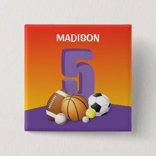 Girl 5th Birthday Sports Balls 2 Inch Square Button