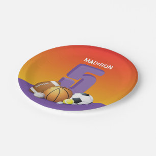 Girl 5th Birthday Sports Balls Paper Plate