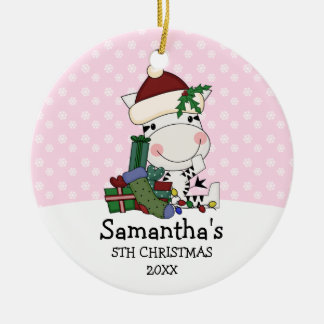 Girl 5th Christmas Santa Zebra Personalized Ceramic Ornament