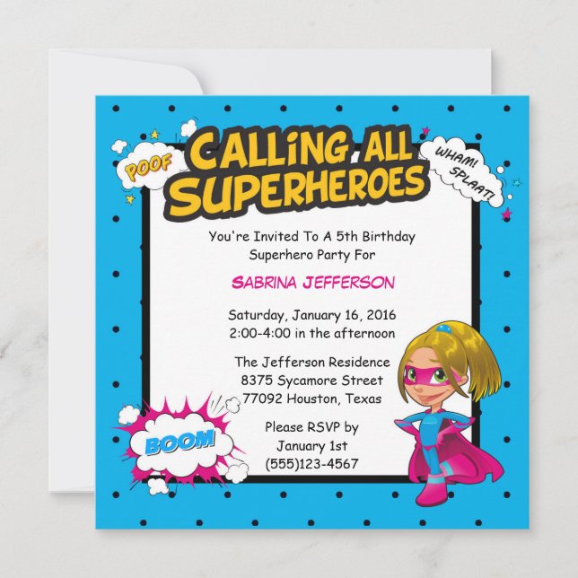 Girl 5x5 Comic Superhero Birthday Party Invitation (Front)