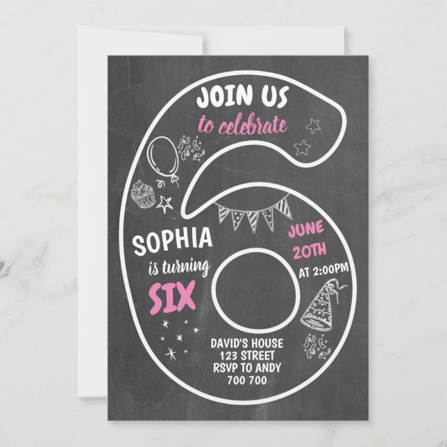 Girl 6th Birthday Sixth Chalkboard Number Pink Invitation (Front)