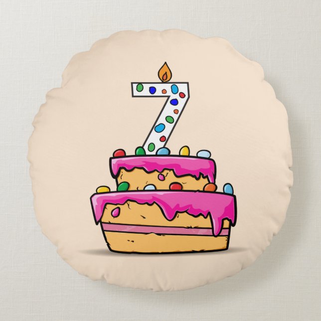 Girl 7th Birthday, 7 on Sweet Pink Cake Round Pillow (Front)