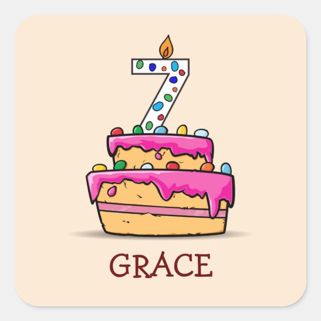 Girl 7th Birthday, 7 on Sweet Pink Cake Square Sticker (Front)