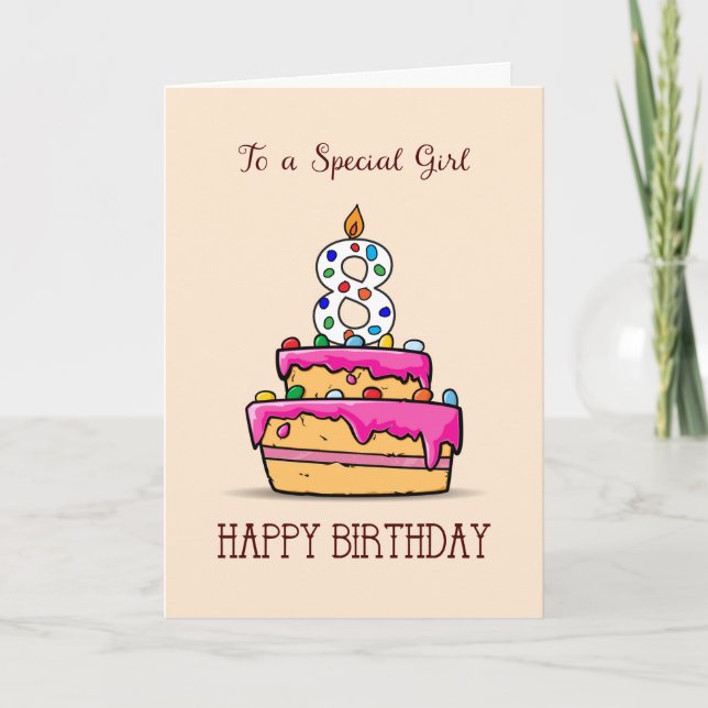 Girl 8th Birthday, 8 on Sweet Pink Cake Card (Front)