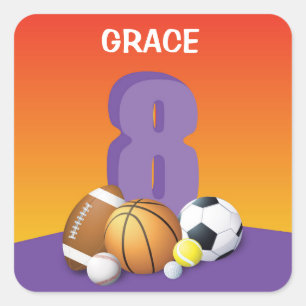 Girl 8th Birthday Sports Balls Square Sticker