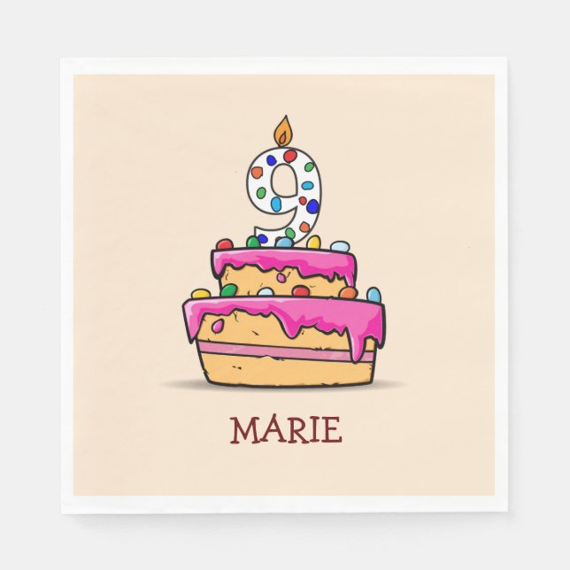 Girl 9th Birthday, 9 on Sweet Pink Cake Napkin (Front)