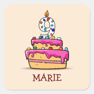 Girl 9th Birthday, 9 on Sweet Pink Cake Square Sticker