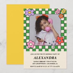 Girl 9th birthday invitations Retro Groovy Flowers