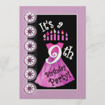 Girl 9th Birthday Party Invitation PINK Candles