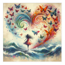 Girl above ocean waves with Butterflies
