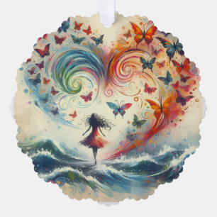 Girl above ocean waves with Butterflies Ornament Card