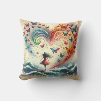 Girl above ocean waves with Butterflies  Throw Pillow