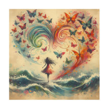 Girl above ocean waves with Butterflies
