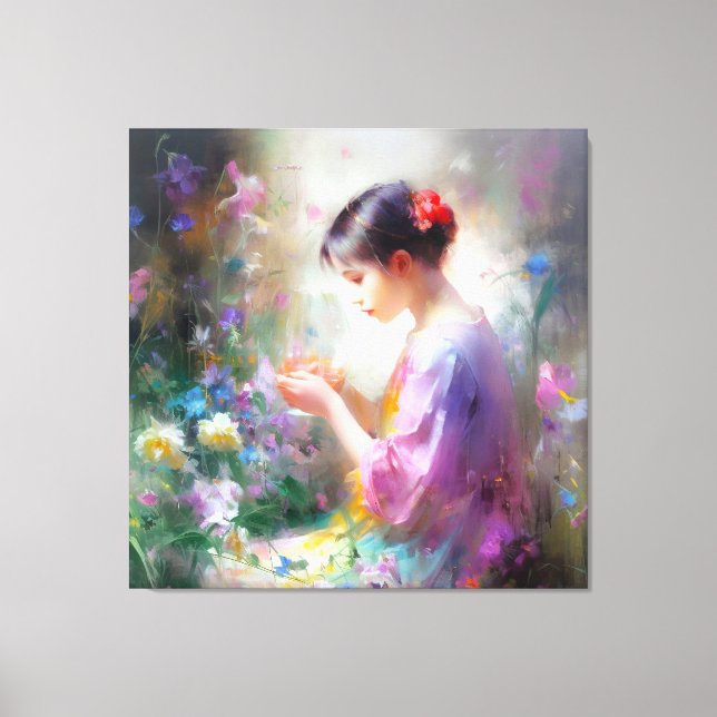 Girl admiring a flower in her hands  canvas print (Front)
