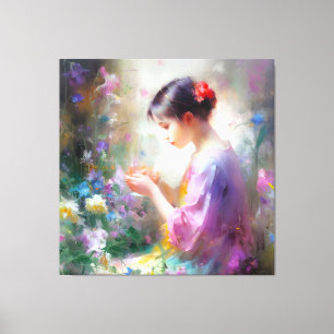 Girl admiring a flower in her hands  canvas print
