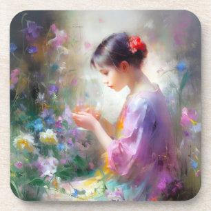 Girl admiring a flower in her hands coaster