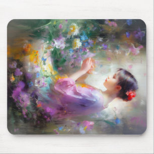 Girl admiring a flower in her hands mouse pad