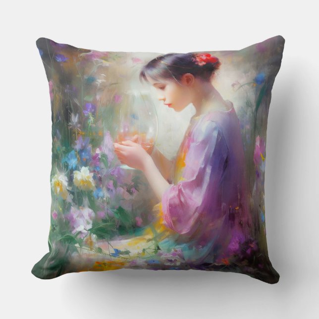 Girl admiring a flower in her hands  throw pillow (Front)
