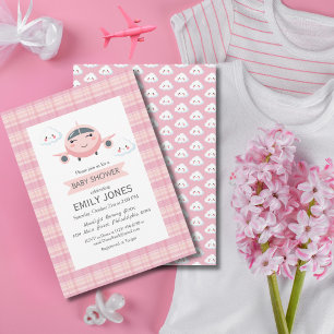 Girl Airplane Clouds Cute Baby Shower Pink Grey Invitation
