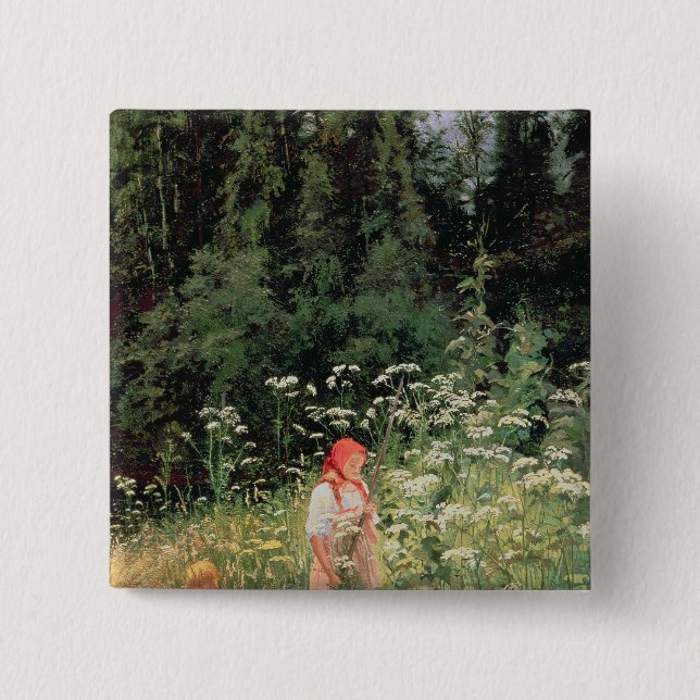 Girl among the wild flowers, 1880 2 inch square button (Front)