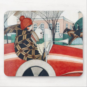 Girl and a Pug Dog in a Red Automobile Mouse Pad