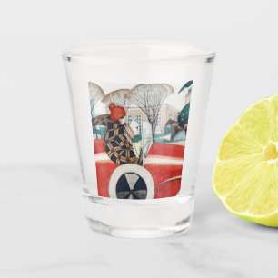Girl and a Pug Dog in a Red Automobile Shot Glass