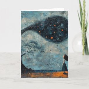 Girl and a Surreal Blue Fantasy Tree Windblown Card