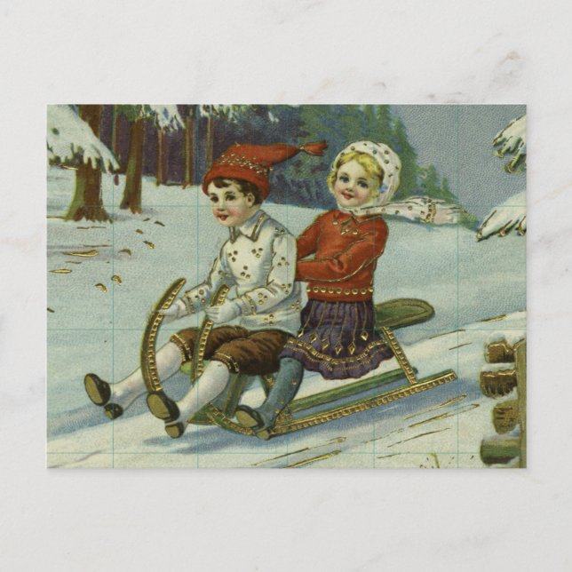 Girl and boy enjoy a sleigh ride illustration postcard (Front)