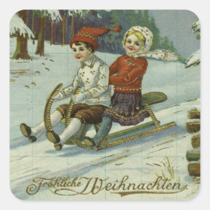 Girl and boy enjoy a sleigh ride illustration square sticker