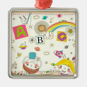 Girl and boy playing by blackboard metal ornament