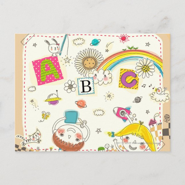 Girl and boy playing by blackboard postcard (Front)