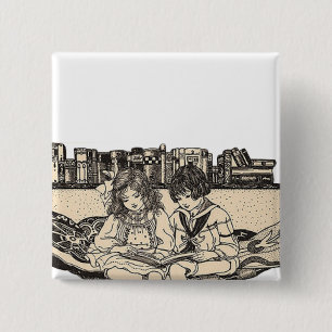 Girl and Boy Reading 2 Inch Square Button
