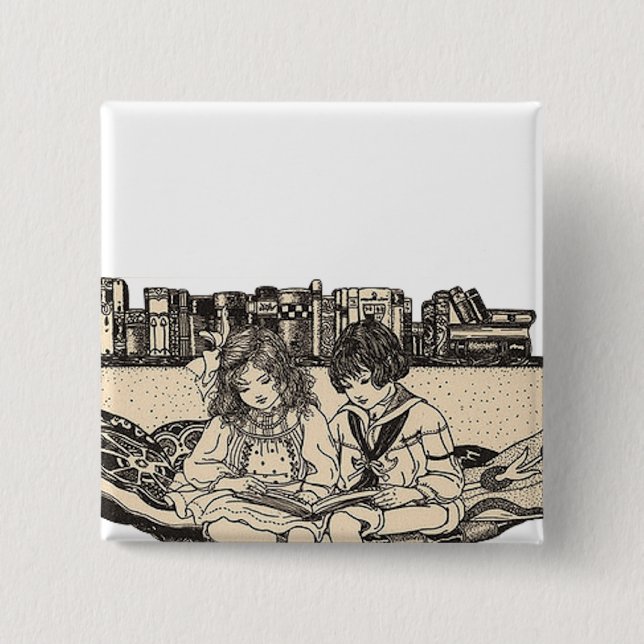 Girl and Boy Reading 2 Inch Square Button (Front)