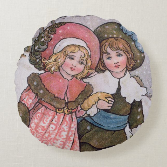 Girl and Boy Skating Round Pillow (Front)