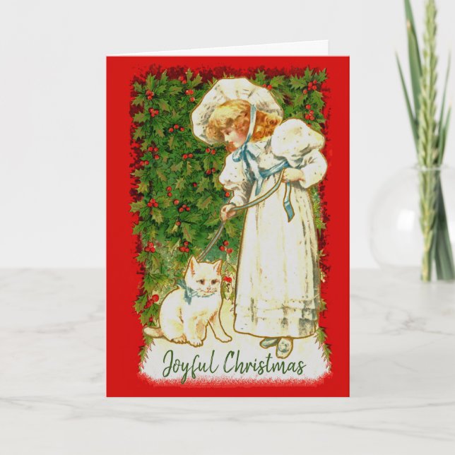 Girl And Cat Against Holly Card (Front)