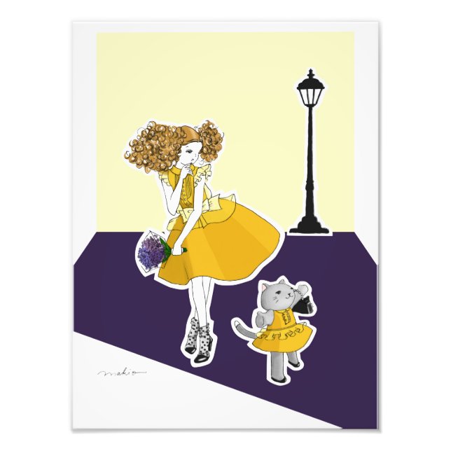 Girl and Cat in Yellow Dresses Waiting for Taxi Il Photo Print (Front)