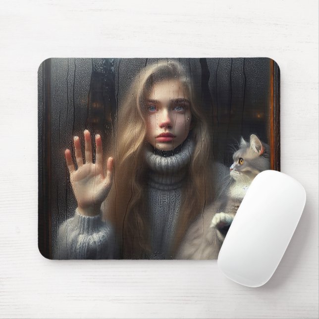 Girl and Cat Touching Glass Window Mouse Pad (With Mouse)