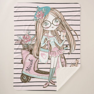 Girl and Cat With Scooter Stripes Custom Name Sherpa Blanket