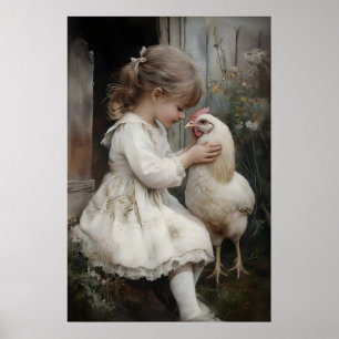 Girl and Chicken Print, Rustic Cottagecore Poster