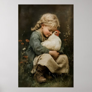 Girl And Chicken Print, Rustic Cottagecore Poster
