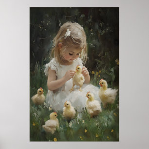 Girl And Chickens Print, Vintage Cottagecore Wall Poster