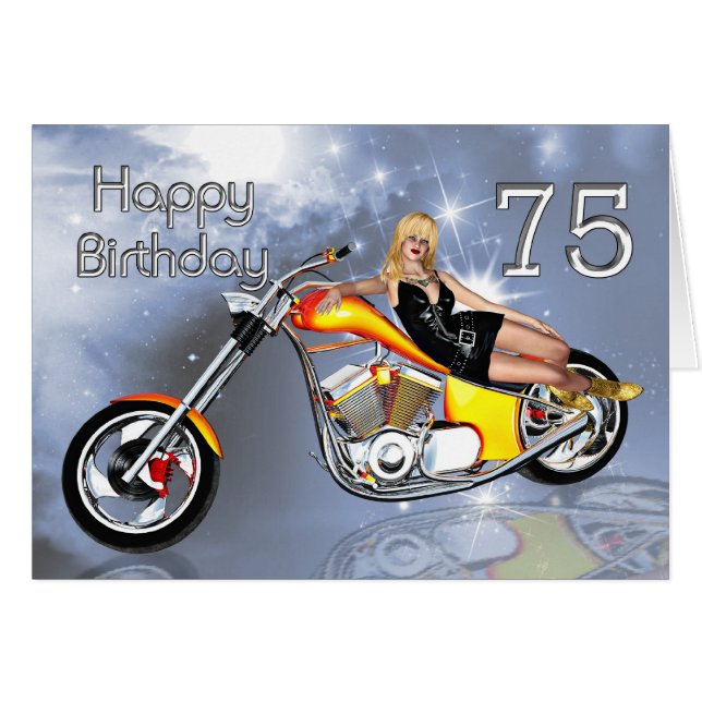 Girl and chopper 75 Birthday card (Front Horizontal)