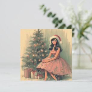 Girl and Christmas Tree Vintage Retro Illustration Holiday Card