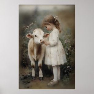 Girl and Cow Print Antique Farmhouse Cottagecore