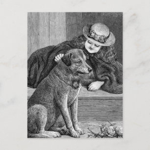 "Girl and Dog" Vintage Illustration Postcard