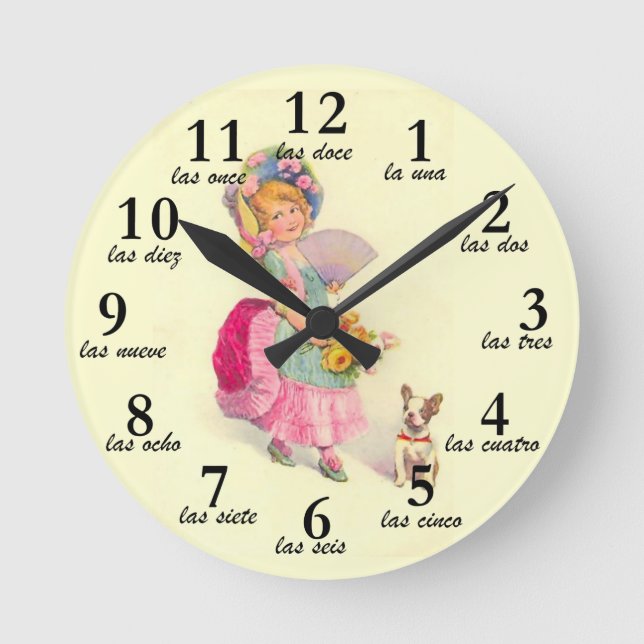 Girl and Dog Vintage Motif & Spanish Numbers Clock (Front)