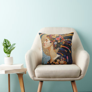 Girl and Flowers Art Nouveau Throw Pillow