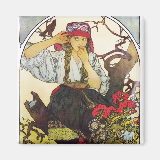 Girl and Geranium, Mucha Magnet (Front)