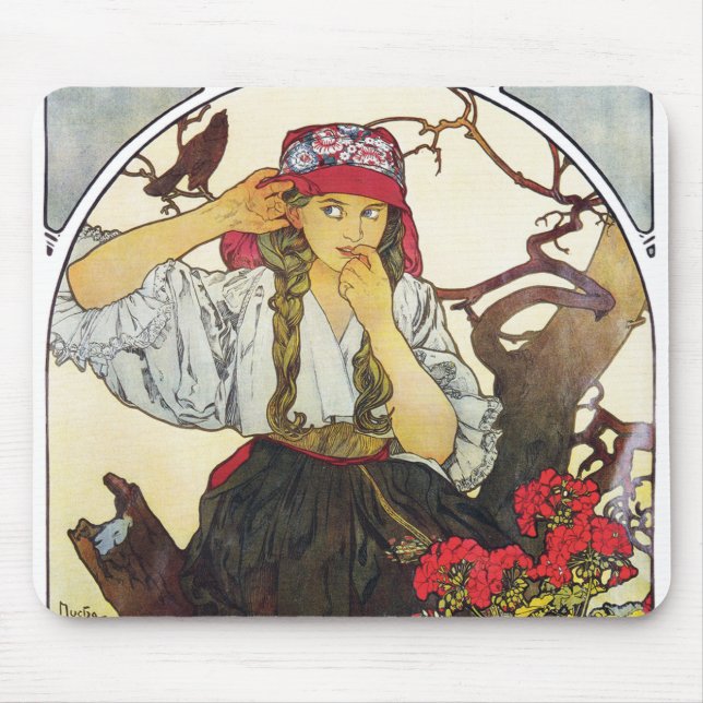 Girl and Geranium, Mucha Mouse Pad (Front)